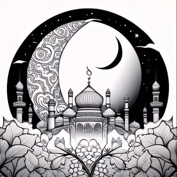 Black and white illustration of minaret towers, moon white background. Mosque as a place of prayer for Muslims. A time to meet with Allah.