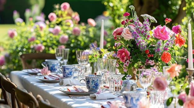 Table setting with rose flowers and candles for an event party or wedding reception in the summer garden.