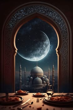 A table laden with food with a view through the window to the mosque and the moon in the night sky. Mosque as a place of prayer for Muslims. A time to meet with Allah.