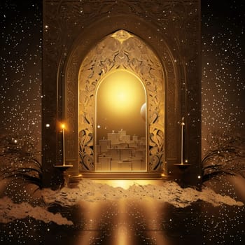 Decorated doors, golden colors, gold dust, golden light. Mosque as a place of prayer for Muslims. A time to meet with Allah.