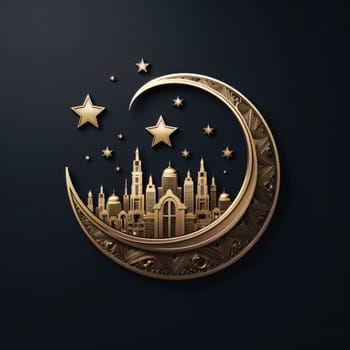 Logo concept Golden Crescent with image of mosque and stars dark background. Mosque as a place of prayer for Muslims. A time to meet with Allah.