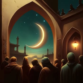 People walking towards the mosque moon in the sky, ancient times. Mosque as a place of prayer for Muslims. A time to meet with Allah.