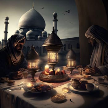 Two men eating a meal ending Ramadan, Lanterns in the background of the mosque. Mosque as a place of prayer for Muslims. A time to meet with Allah.