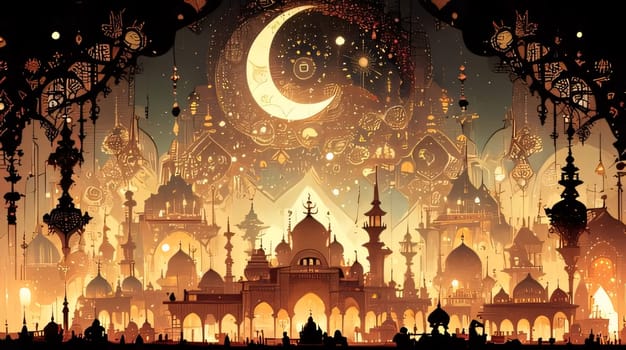 Illustration of silhouettes of mosques and minarets on a bright orange background. Mosque as a place of prayer for Muslims. A time to meet with Allah.