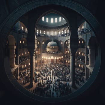 View through the window of the interior of the mosque and the gathering crowds of people. Mosque as a place of prayer for Muslims. A time to meet with Allah.
