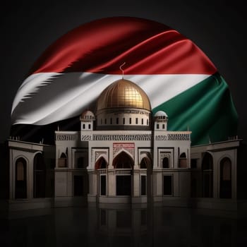 These mosque and the flag of an Arab country. Mosque as a place of prayer for Muslims. A time to meet with Allah.