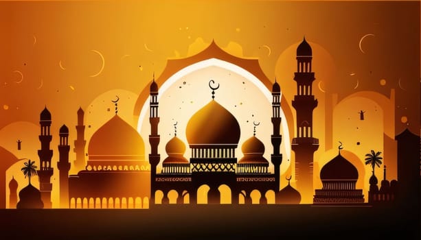 Illustration of silhouettes of mosques and minarets on a bright orange background. Mosque as a place of prayer for Muslims. A time to meet with Allah.