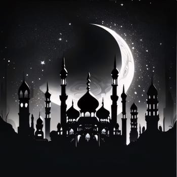 Black silhouette of the mosque against the background of a large crescent moon. Mosque as a place of prayer for Muslims. A time to meet with Allah.