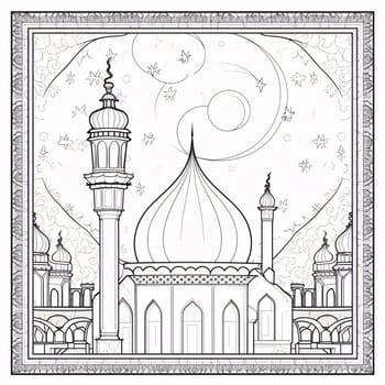 Black and white coloring sheet, a mosque in a frame. Mosque as a place of prayer for Muslims. A time to meet with Allah.