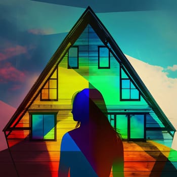 Abstract illustration, house with triangular roof and silhouette of Woman. Symbol of women's freedom. A month of pride in being a woman.