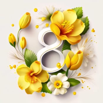 Card design for Women's Day - March 8; yellow flowers with the number 8. World Women's Day. The day on which all ladies have a holiday.