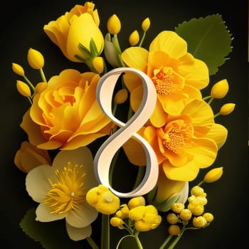 Card design for Women's Day - March 8; yellow flowers with the number 8. World Women's Day. The day on which all ladies have a holiday.