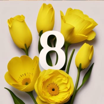 Card design for Women's Day - March 8; yellow flowers with the number 8. World Women's Day. The day on which all ladies have a holiday.