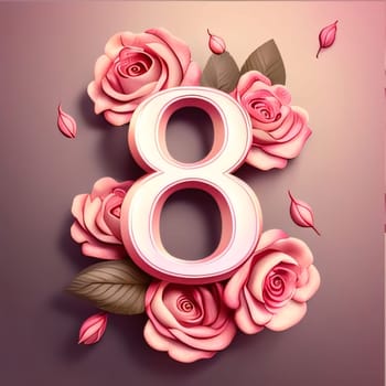 Number 8 symbolizing March 8 decorated with rose flowers, dark background. World Women's Day. A day on which all ladies have a holiday.