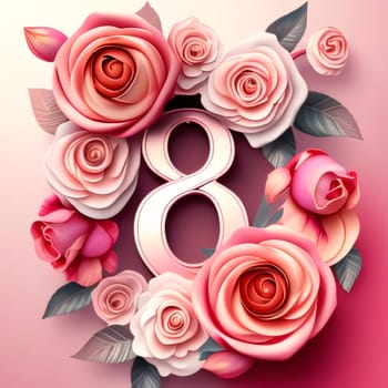 Number 8 symbolizing March 8 decorated with rose flowers, dark background. World Women's Day. A day on which all ladies have a holiday.