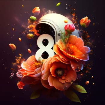 Number 8 symbolizing March 8 decorated with orange flowers, dark background. World Women's Day. A day on which all ladies have a holiday.