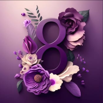 Number 8 symbolizing March 8 decorated with purple flowers, dark background. World Women's Day. A day on which all ladies have a holiday.