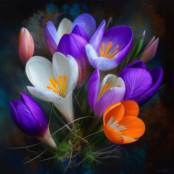 Colorful: purple, orange crocuses. World Women's Day. A day on which all ladies have a holiday.