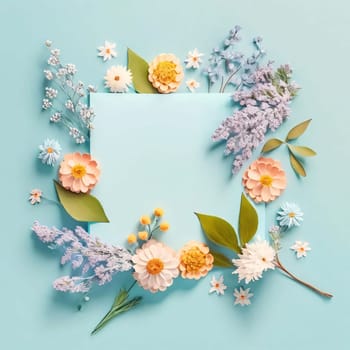 White blank card, frame decorated with colorful flowers of spring. World Women's Day. The day on which all ladies have a holiday.