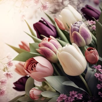Card decorated with a bouquet of colorful tulips. World Women's Day. A day on which all ladies have a holiday.