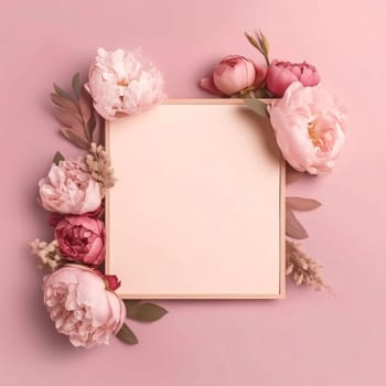 White blank card, with space for your own content. Decorated with colorful blooming flowers. World Women's Day. The day on which all ladies have a holiday.