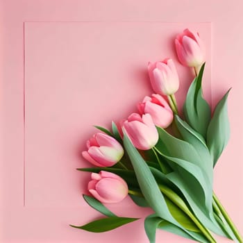 Women's day banner, rose tulips on pink background. Space for your own content, blank. World Women's Day. The day on which all ladies have a holiday.