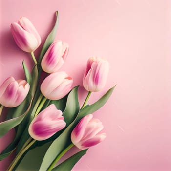 Women's day banner, rose tulips on pink background. Space for your own content, blank. World Women's Day. The day on which all ladies have a holiday.