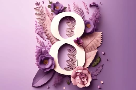 Number 8 symbolizing March 8 decorated with purple flowers, dark background. World Women's Day. A day on which all ladies have a holiday.