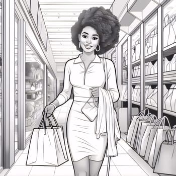 A black and white coloring page and a woman shopping with a bag. World Women's Day. A day on which all ladies have a holiday.