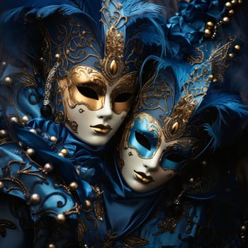 Two beautiful decorated masks with blue costume, gold decorations. Carnival costumes, masks and decorations. A time of fun and celebration before the fast.
