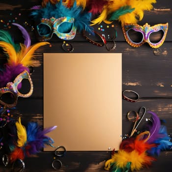 White blank card with space for your own content, around scattered carnival masks, colorful feathers top view. Carnival costumes, masks and decorations. A time of fun and celebration before the fast.