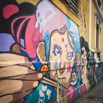 Street art at the Japanese neighborhood Liberdade, São Paulo, Brazil. April 18 2024.