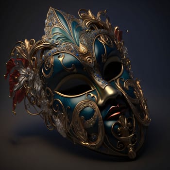 Dark carnival mask with gold ornaments on dark background. Carnival costumes, masks and decorations. A time of fun and celebration before the fast.