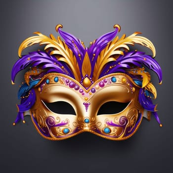 Carnival gold purple eye mask with rich gold embellishments on light background. Carnival costumes, masks and decorations. A time of fun and celebration before the fast.