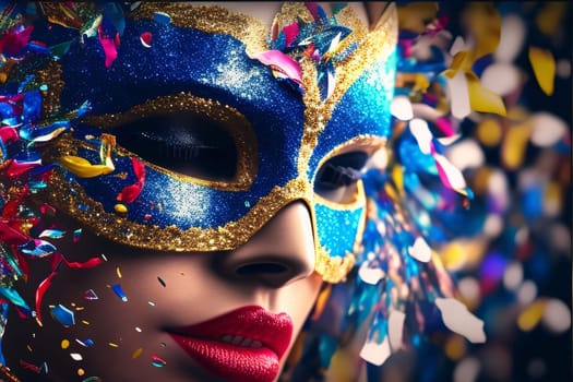 Head of woman with red lips and eye mask, purple and gold, colorful background. Carnival costumes, masks and decorations. A time of fun and celebration before the fast.