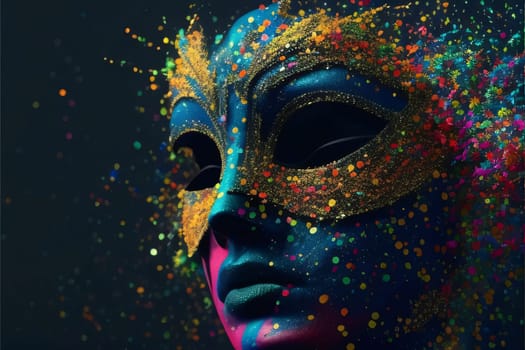 Colorfully painted human face in a golden mask, scattering colorful confetti Inácio dark background. Carnival costumes, masks and decorations. A time of fun and celebration before the fast.