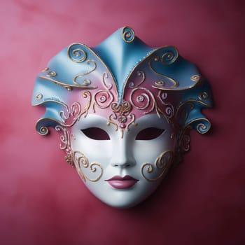 An aerial view of a reclining mask with blue gold decorations on a red background. Carnival outfits, masks and decorations. A time of fun and celebration before the fast.