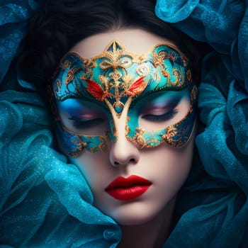 Head of a woman in an eye mask of gold blue, all around a celadon delicate material. Carnival outfits, masks and decorations. A time of fun and celebration before the fast.