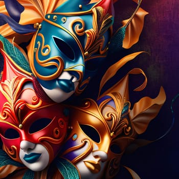 Three carnival masks, blue, red and gold on dark background banner. Carnival outfits, masks and decorations. A time of fun and celebration before the fast.