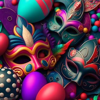 Colorful carnival masks with decorations all around colorful balls. Carnival outfits, masks and decorations. A time of fun and celebration before the fast.