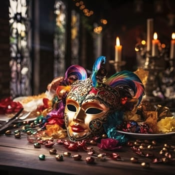 Gold carnival mask with Colorful ornaments on wooden table around ornaments, candle holder. Carnival outfits, masks and decorations. A time of fun and celebration before the fast.