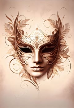 Concept of mask decorated with swirls, leaves, ornaments on light background. Carnival outfits, masks and decorations. A time of fun and celebration before the fast.