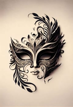 Abstract concept of Carnival mask entering leaves with mouth on bright background. Carnival outfits, masks and decorations. A time of fun and celebration before the fast.