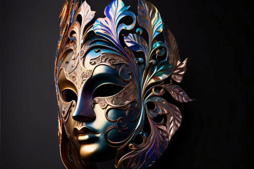Side view of metal mask with decorations, black background. Carnival outfits, masks and decorations. A time of fun and celebration before the fast.