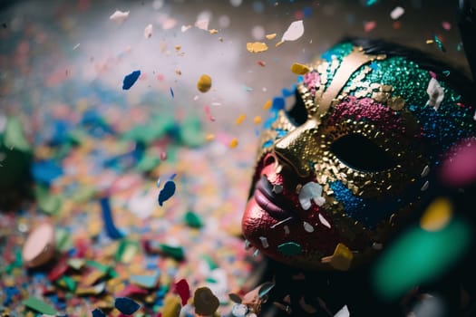 Colorful carnival mask with gold decorations around falling confetti. Banner and space for your own content. Carnival outfits, masks and decorations. A time of fun and celebration before the fast.