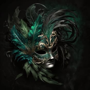 Mask with gold ornaments and black feathers on black background. Carnival outfits, masks and decorations. A time of fun and celebration before the fast.