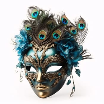 Mask with rich floral and feather decorations on white isolated background. Carnival outfits, masks and decorations. A time of fun and celebration before the fast.