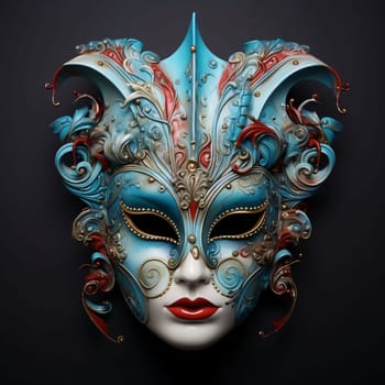 Mask with rich blue red decorations on black background. Carnival outfits, masks and decorations. A time of fun and celebration before the fast.