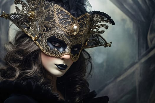 Banner woman in black mask with gold decorations. Carnival outfits, masks and decorations. A time of fun and celebration before the fast.