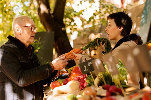 Young vendor giving freshly harvested organic carrots at farmers market stall booth. Elderly customer buying locally grown vegetables from female merchant at greenmarket stand.